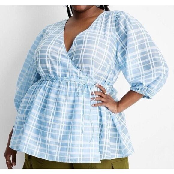 Future Collective Gabriella Light Blue Gingham Check 3/4 leeve V-Neck Size 2x - Picture 1 of 11
